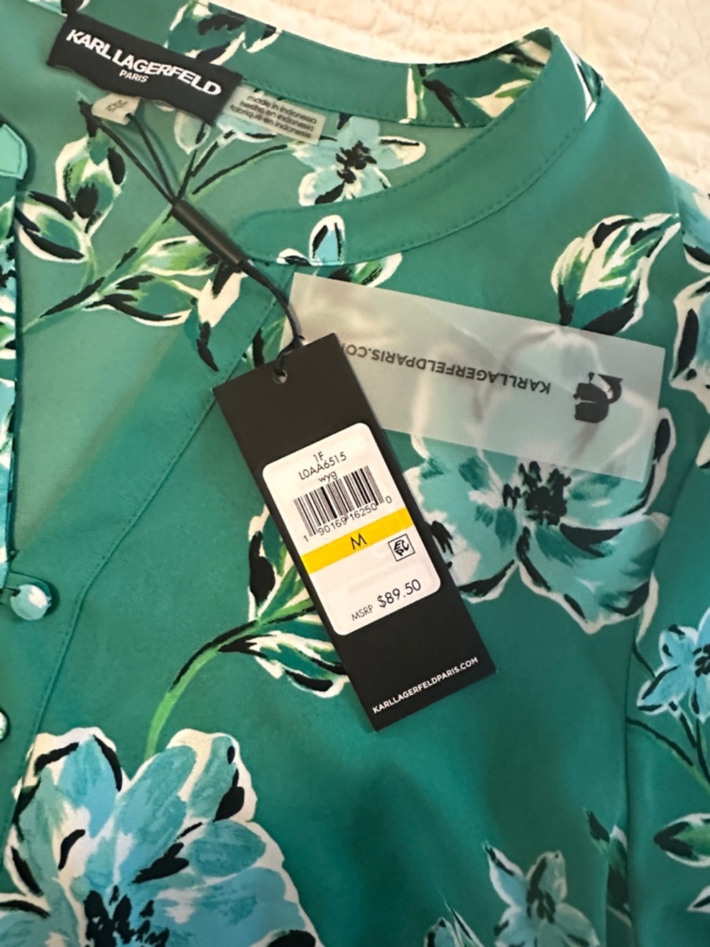 Karl Lagerfeld Teal & White Floral Split-Neck Blouse - Picture 3 of 5